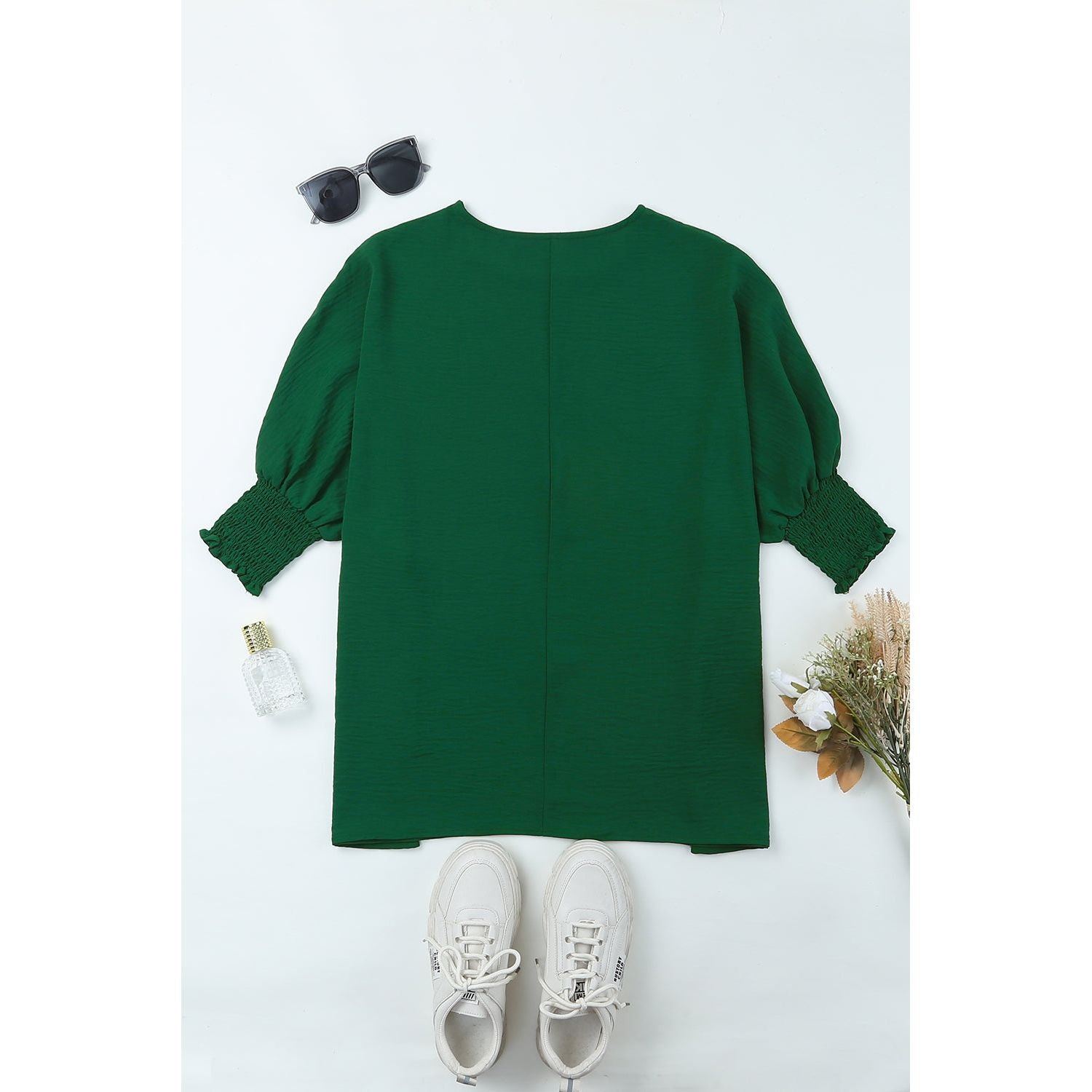 White Plain & Casual Shirred Cuffs Half Sleeve Top