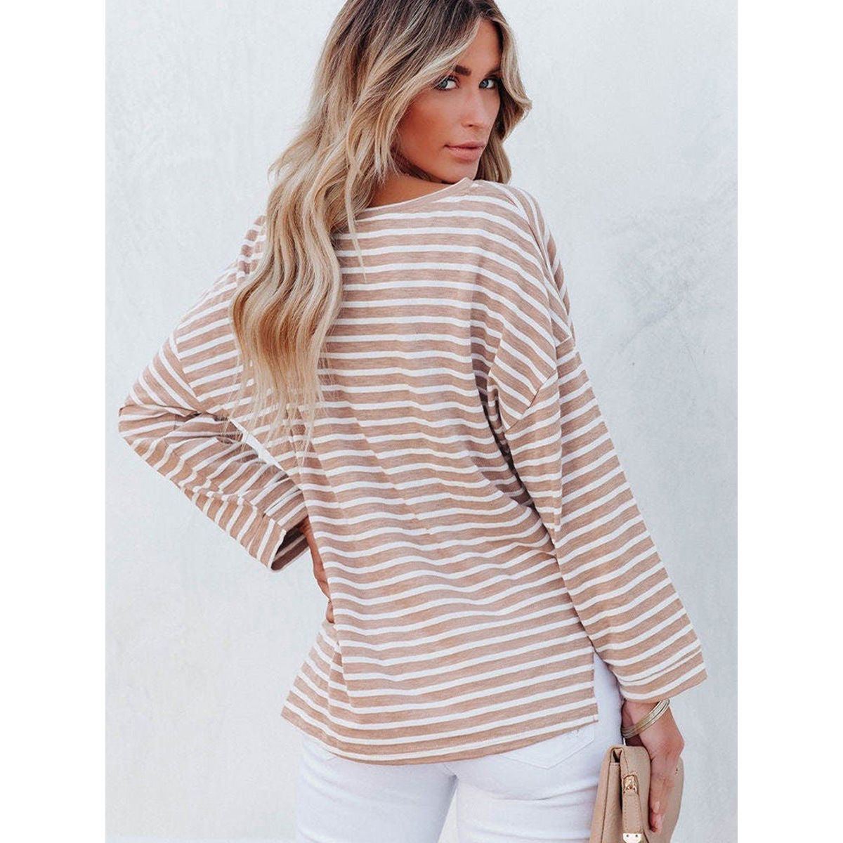 Striped Printed Drop-shoulder Long-sleeve Top For Women - Jointcorp