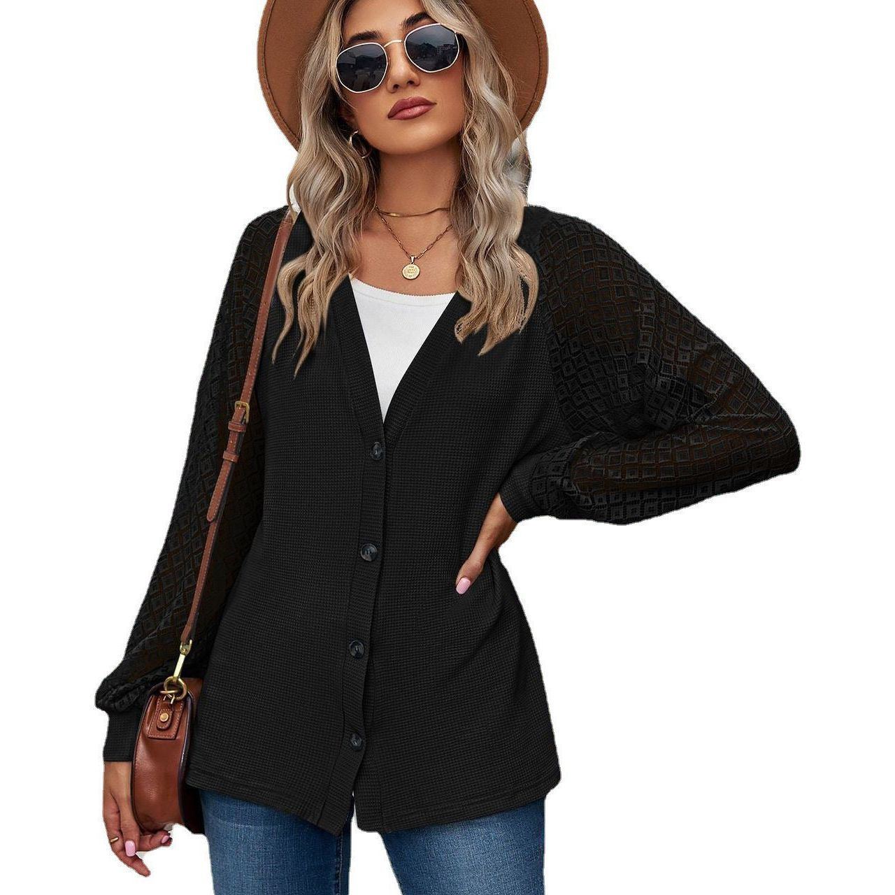 European And American Autumn And Winter Long Sleeve Solid Color Loose Button Lace Stitching Cardigan Top Women