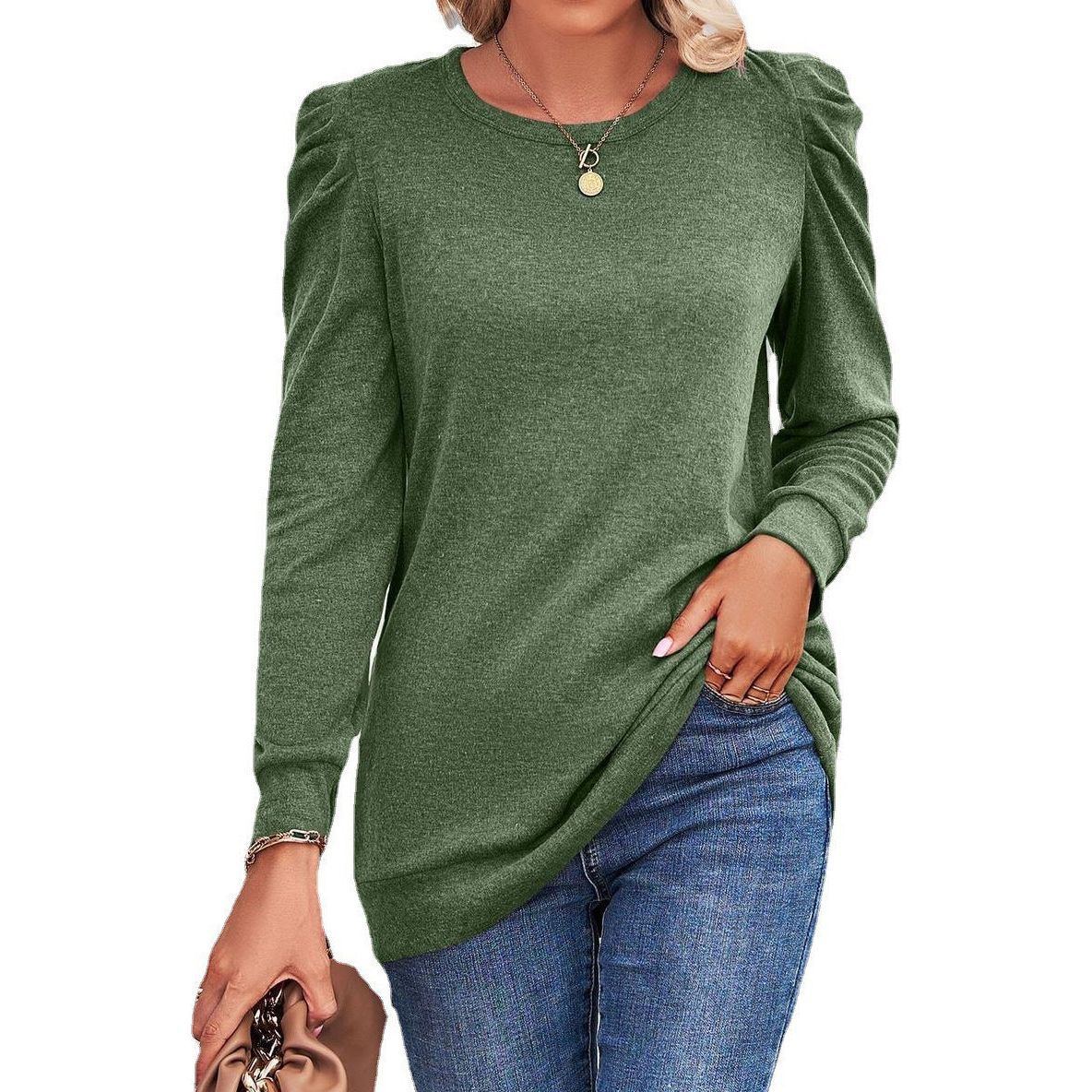 European And American Autumn And Winter New Loose Round Neck Pleated Long Sleeve Solid Color T-shirt Top Women