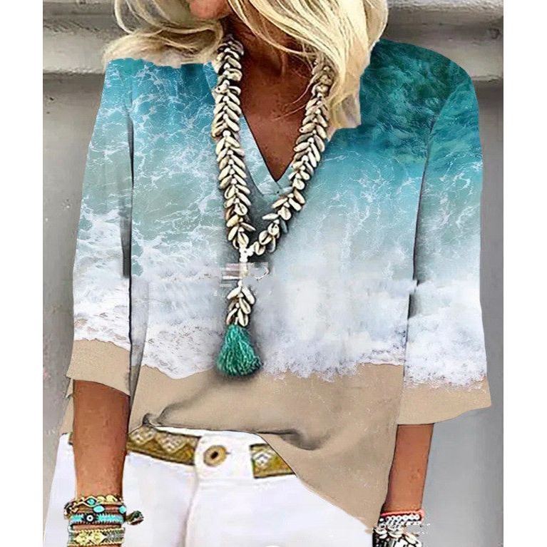 Ethnic Style V Neck Printed Women's Casual Shirt