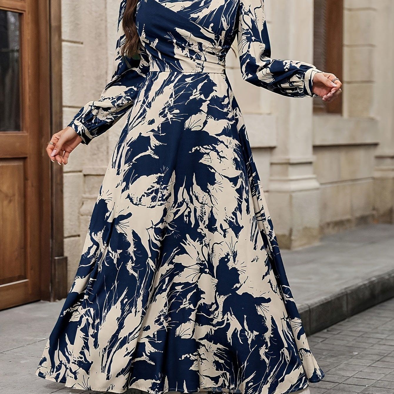 Allover Print Crew Neck Dress, Elegant Long Sleeve Ankle Length Dress For Spring & Fall, Women's Clothing