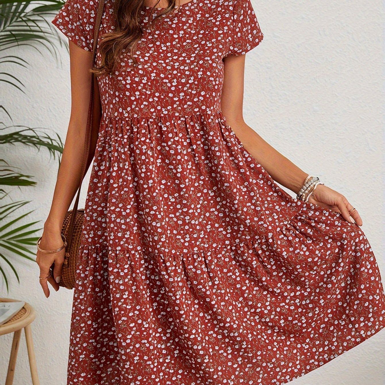 Floral Print Crew Neck Dress, Vintage Short Sleeve Dress For Spring & Summer, Women's Clothing