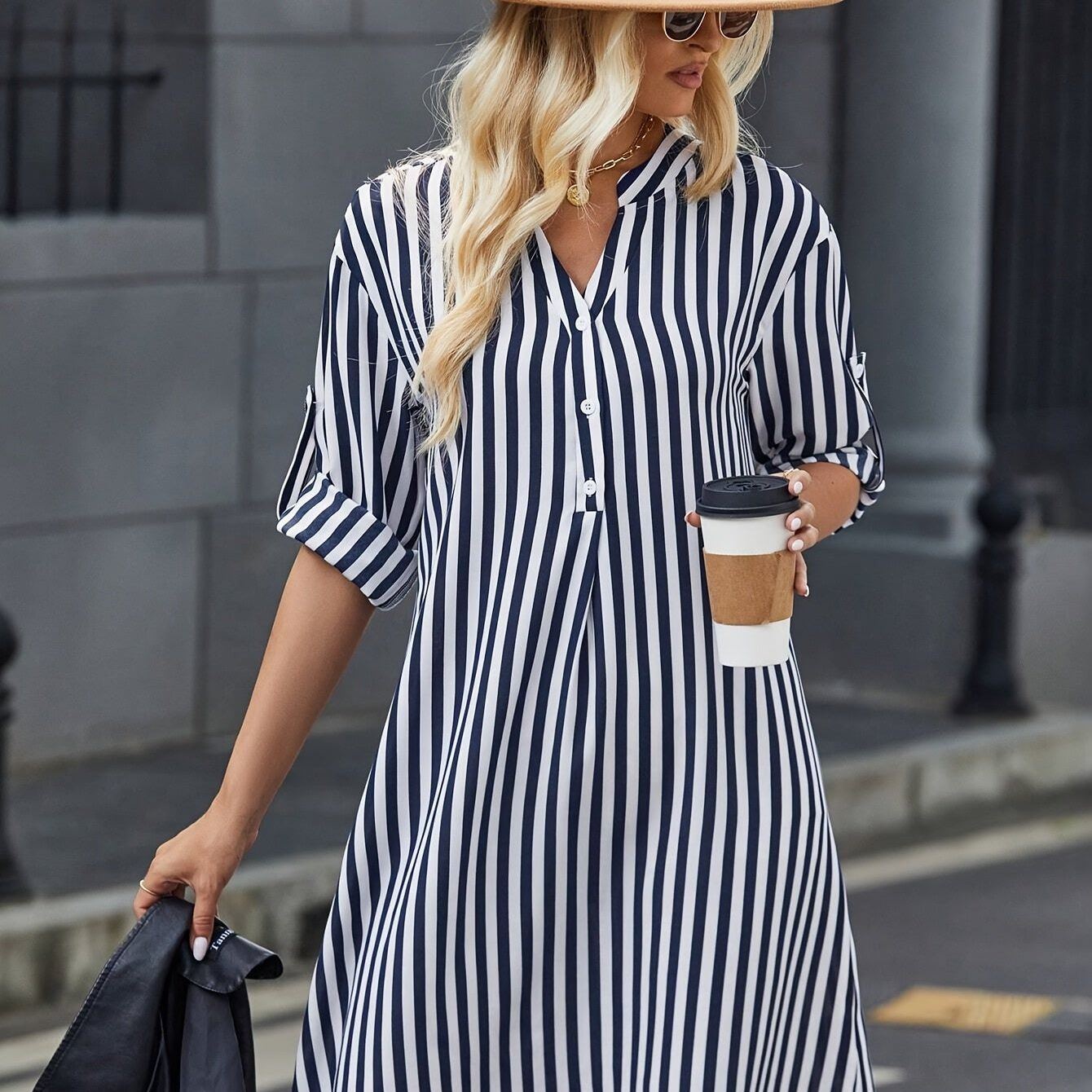 Striped Print Notched Neck Dress, Casual Long Sleeve Dress For Spring & Summer, Women's Clothing For Elegant Dressing