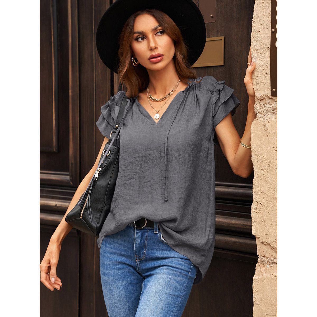 Short Sleeve Top Casual Loose Solid Color T-shirt