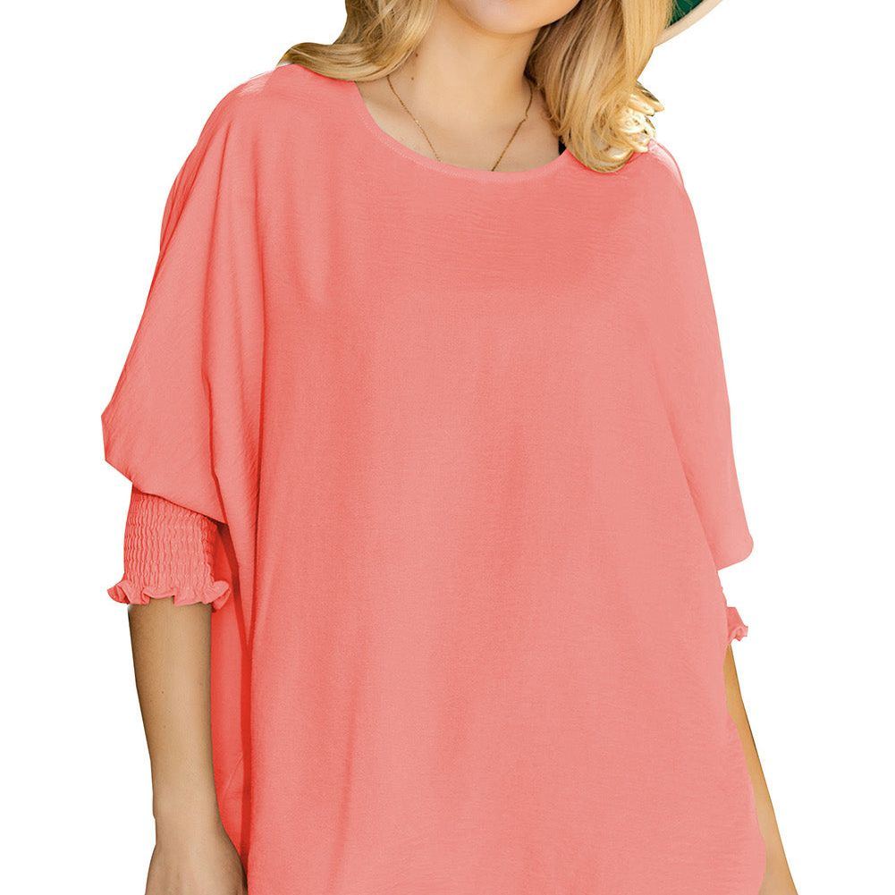 White Plain & Casual Shirred Cuffs Half Sleeve Top