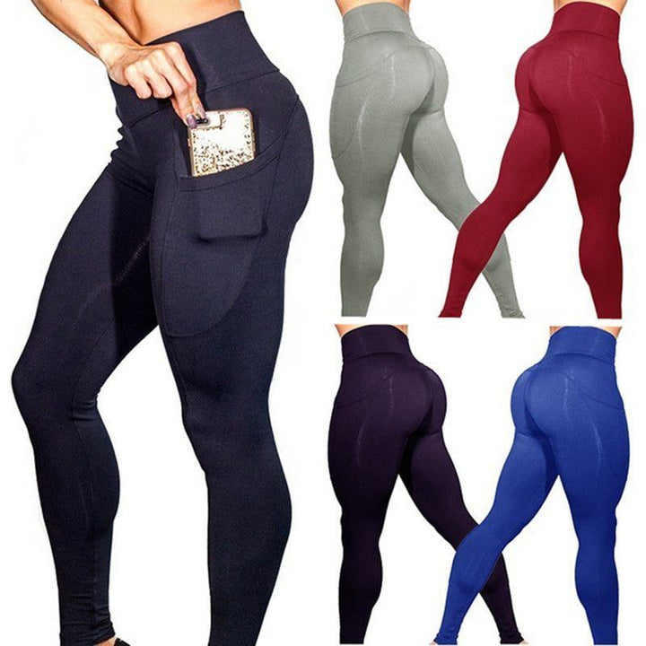 Mobile phone pocket leggings female solid color high elastic yoga hip high waist yoga pants - Jointcorp