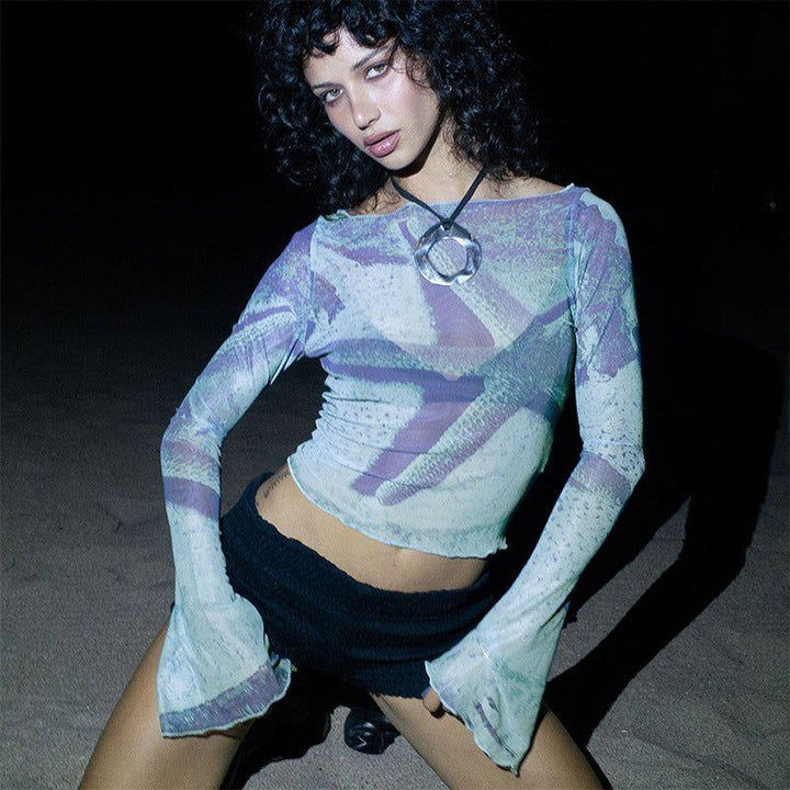 Fashion Trend Abstract Printing Bell Sleeve Short Top