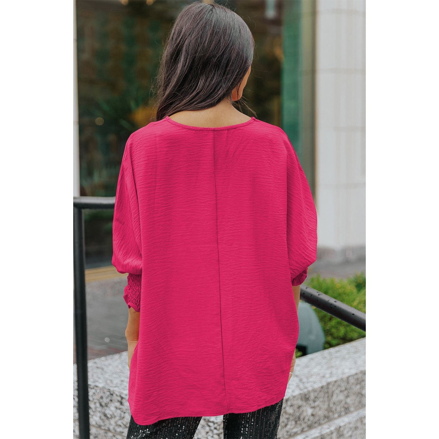 White Plain & Casual Shirred Cuffs Half Sleeve Top