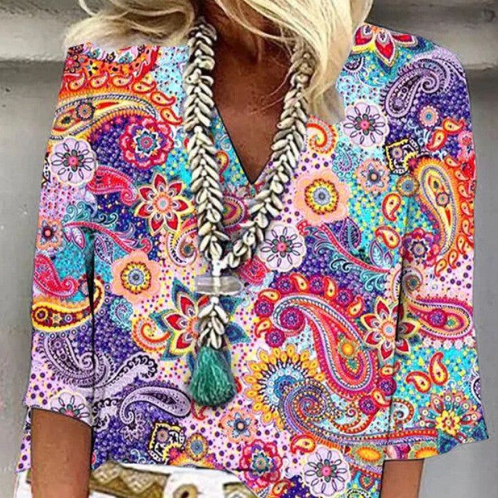 Ethnic Style V Neck Printed Women's Casual Shirt