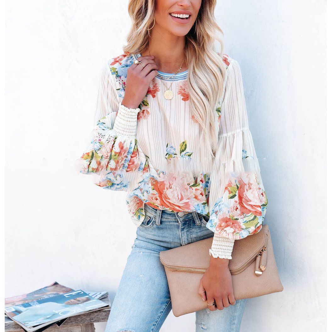 Spring Street Hipster Lantern Sleeve Positioning Flower Women's Round Neck Loose T-shirt