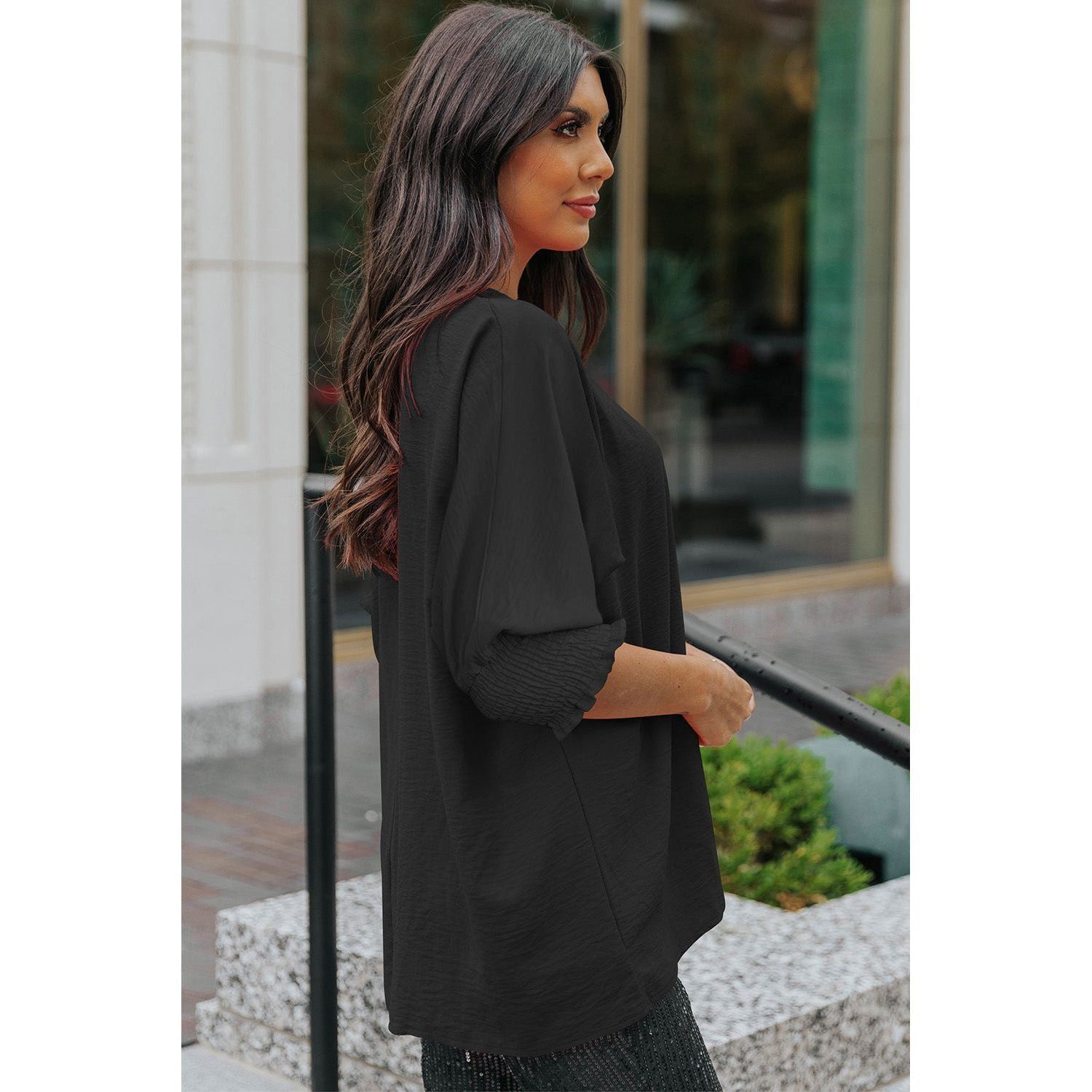 White Plain & Casual Shirred Cuffs Half Sleeve Top
