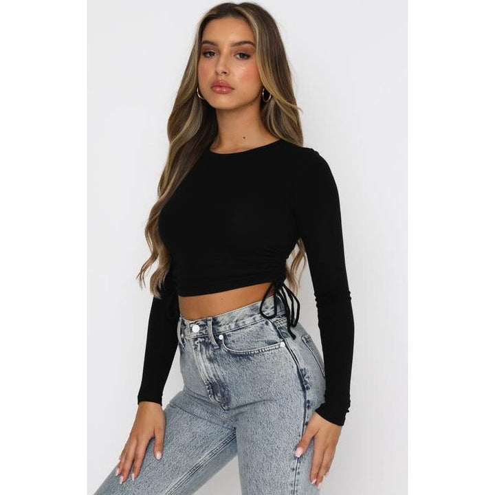 Drawstring Round Neck Long Sleeve Cropped T-shirt Thread Top