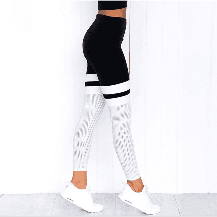 Yoga leggings black and white stitching hip breathable mesh yoga pants - Jointcorp