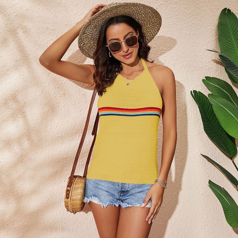 Women's Clothing Rainbow Color-blocking Halter Top Fashion Backless Knitted Lace-up Vest