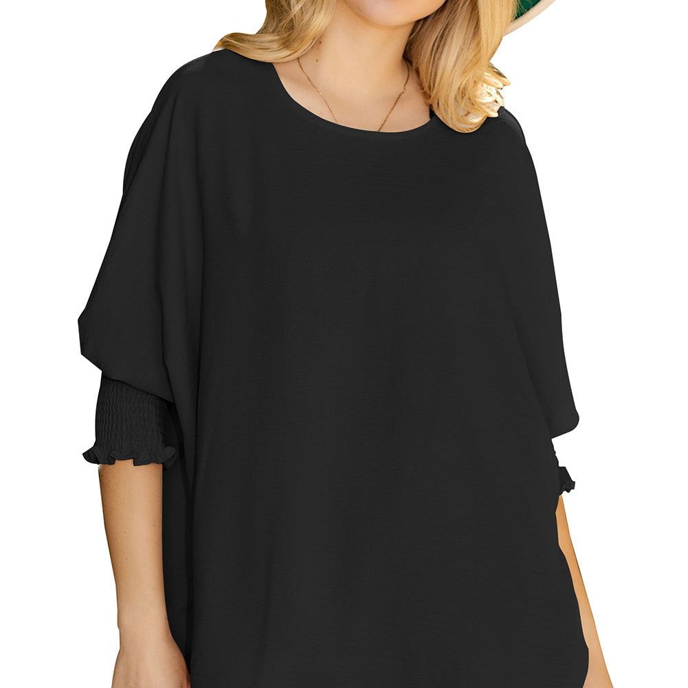 White Plain & Casual Shirred Cuffs Half Sleeve Top