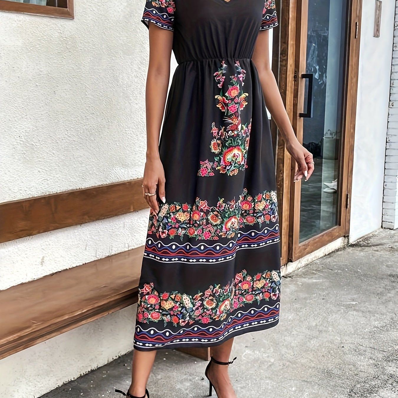 Floral Print Contrast Trim V-neck Dress, Ethnic Half Sleeve Aline Dress For Spring & Summer, Women's Clothing