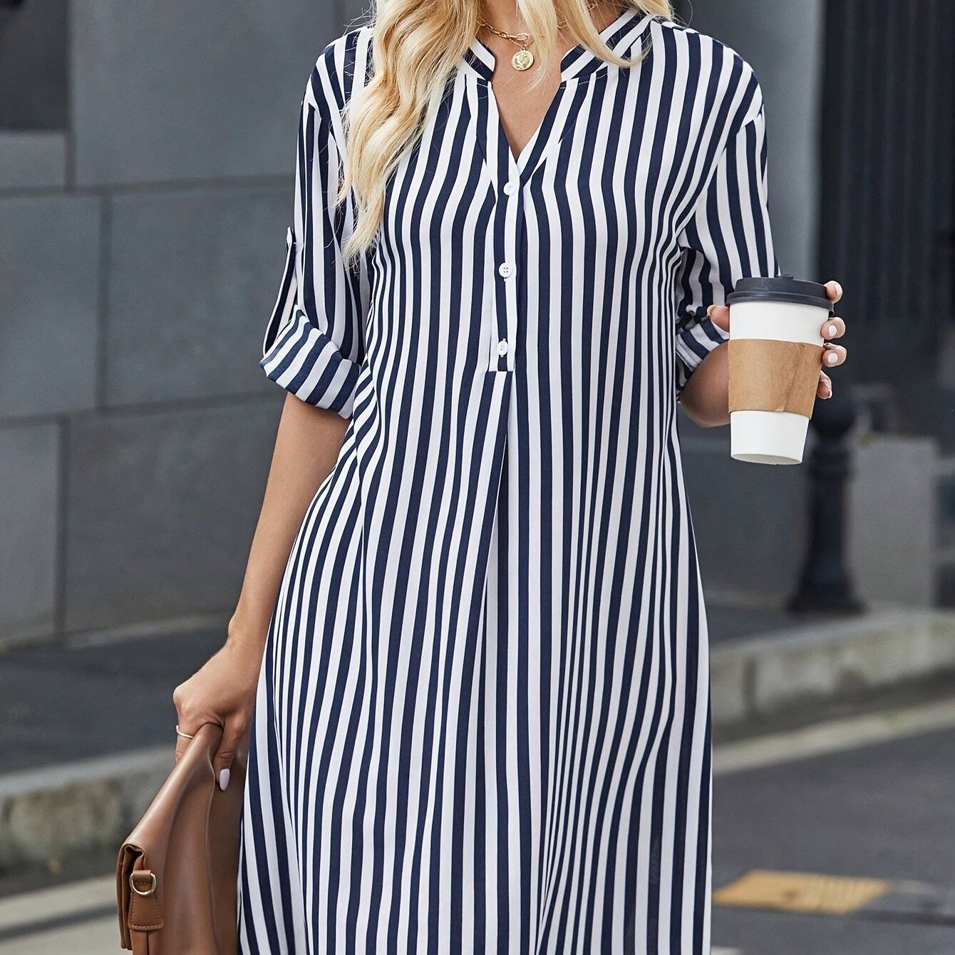 Striped Print Notched Neck Dress, Casual Long Sleeve Dress For Spring & Summer, Women's Clothing For Elegant Dressing