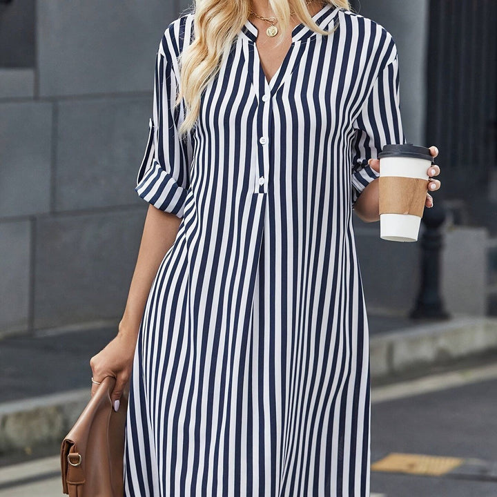 Striped Print Notched Neck Dress, Casual Long Sleeve Dress For Spring & Summer, Women's Clothing For Elegant Dressing