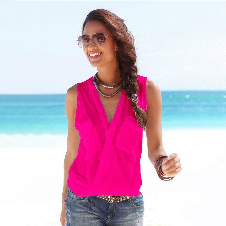 Double Pocket V-neck Sleeveless Vest Cross European And American T-shirt - Jointcorp