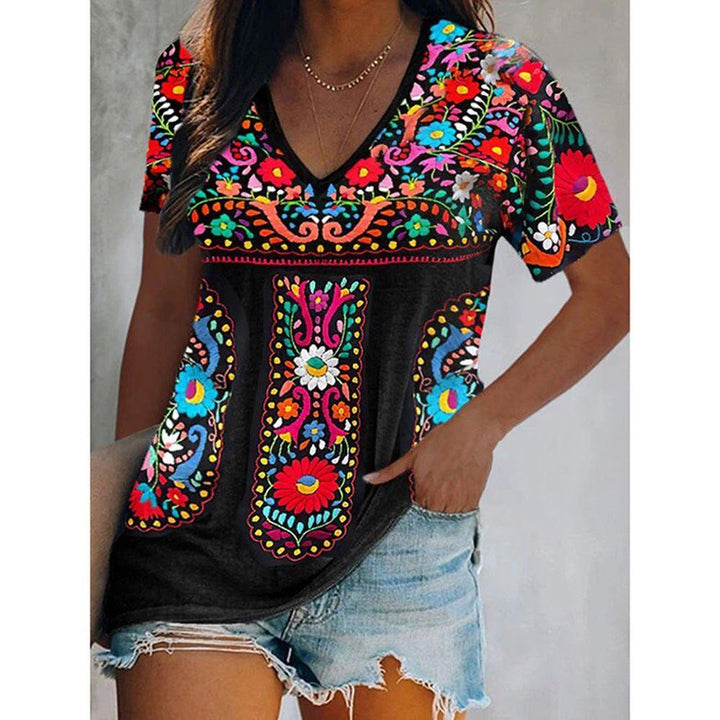 Women's Top Bohemian Printed V-neck Short-sleeved T-shirt