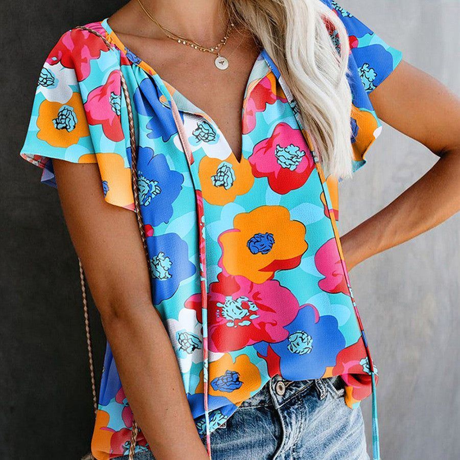 Floral Print Drawstring V-neck Short Sleeve - Jointcorp