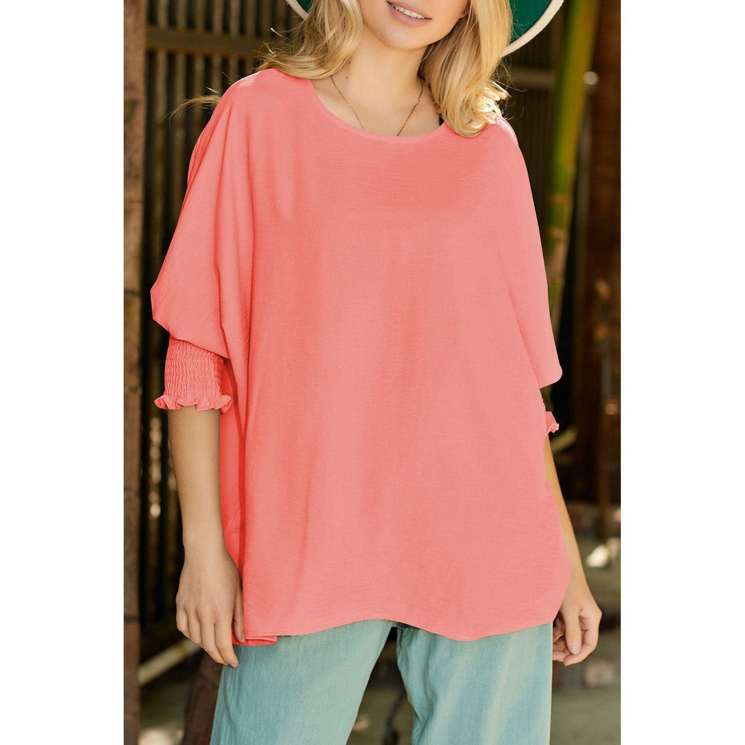 White Plain & Casual Shirred Cuffs Half Sleeve Top