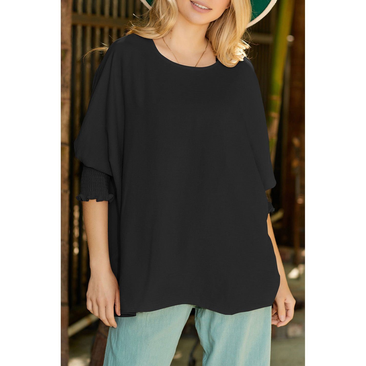 White Plain & Casual Shirred Cuffs Half Sleeve Top