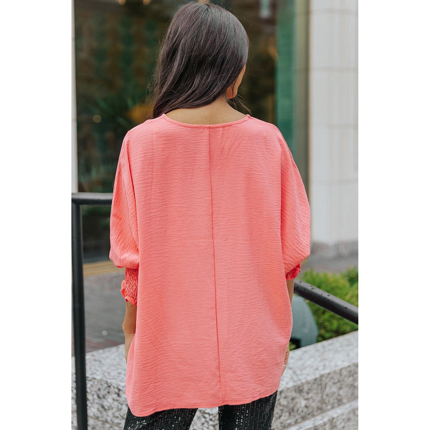 White Plain & Casual Shirred Cuffs Half Sleeve Top