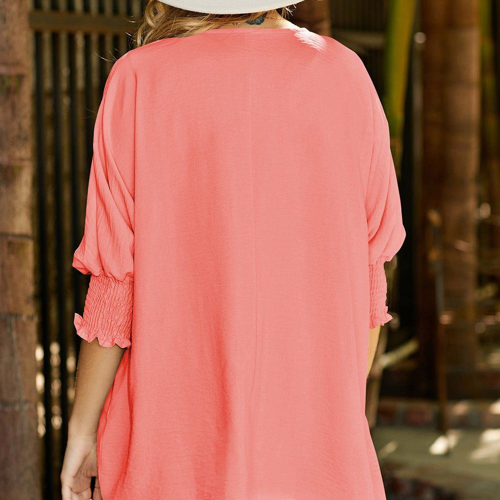 White Plain & Casual Shirred Cuffs Half Sleeve Top