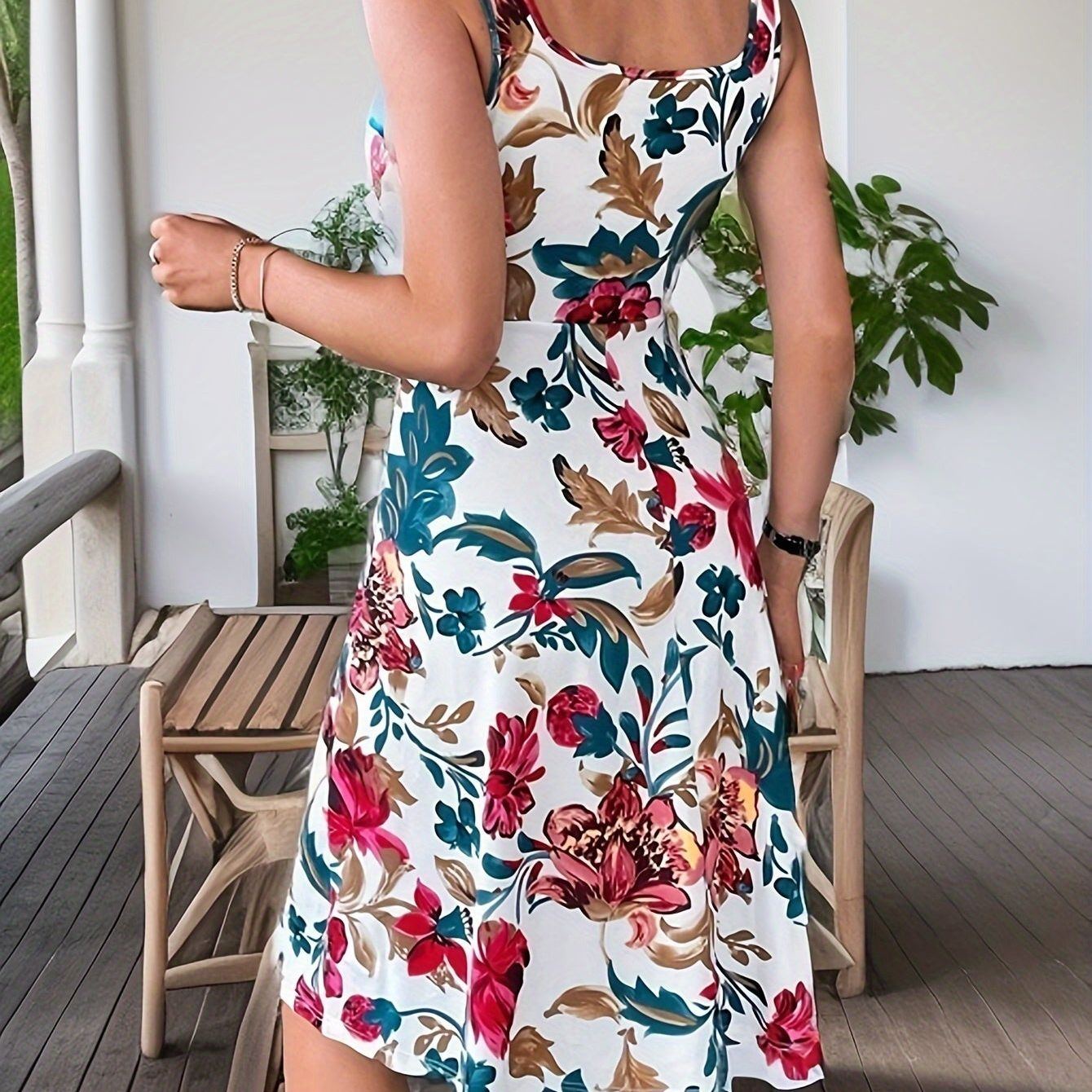 Floral Print Square Neck Tank Dress, Elegant Sleeveless Waist Dress, Women's Clothing