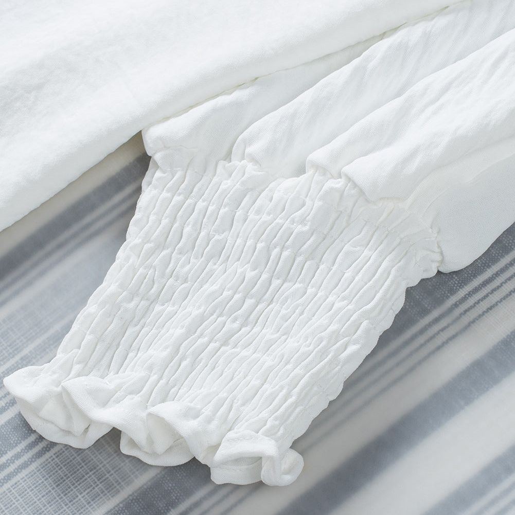 White Plain & Casual Shirred Cuffs Half Sleeve Top