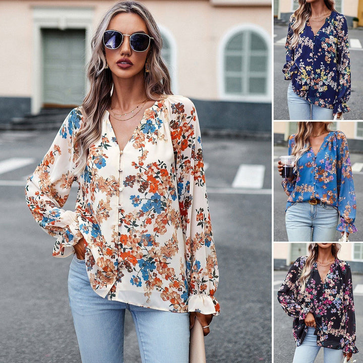 Women's Tops Casual Floral Print V Neck Long Sleeve Shirts Loose Chiffon Blouses Shirts Tops - Jointcorp