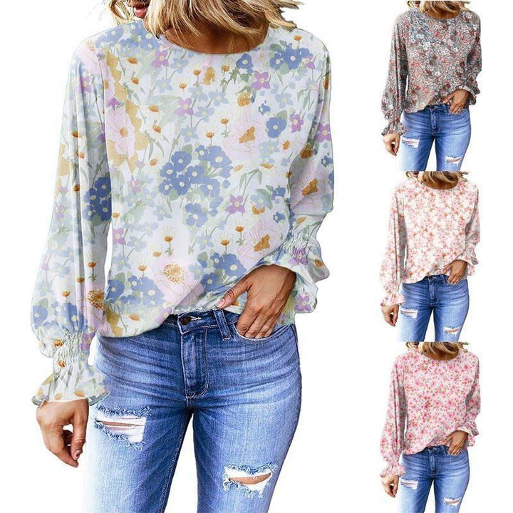 Women's Floral Round Neck Shirt Women's Lantern Sleeve Shirt - Jointcorp