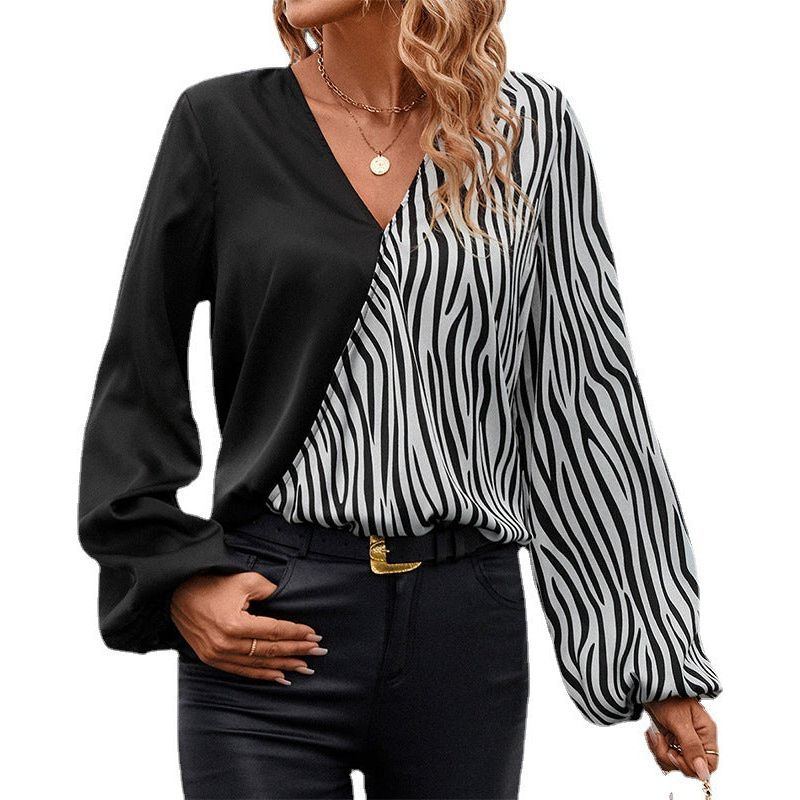 European And American Women's Clothing V-neck Slim Fit Slimming Long Sleeves Shirt