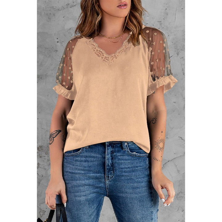 Lace Short Sleeve Top Ladies Slim Fit V-Neck Pullover T-Shirt - Jointcorp