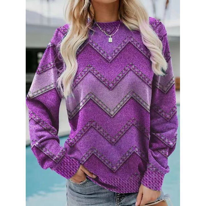 Color Block Denim Printing Casual Long-sleeved Geometric Sweater For Women
