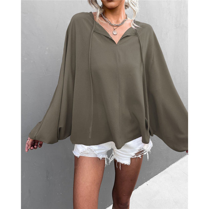 Lantern Sleeve Tied V-neck Loose Casual Top Women