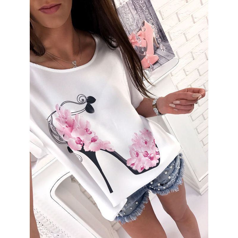 European And American Ladies High Heels Printed Loose Short Sleeve T-shirt - Jointcorp