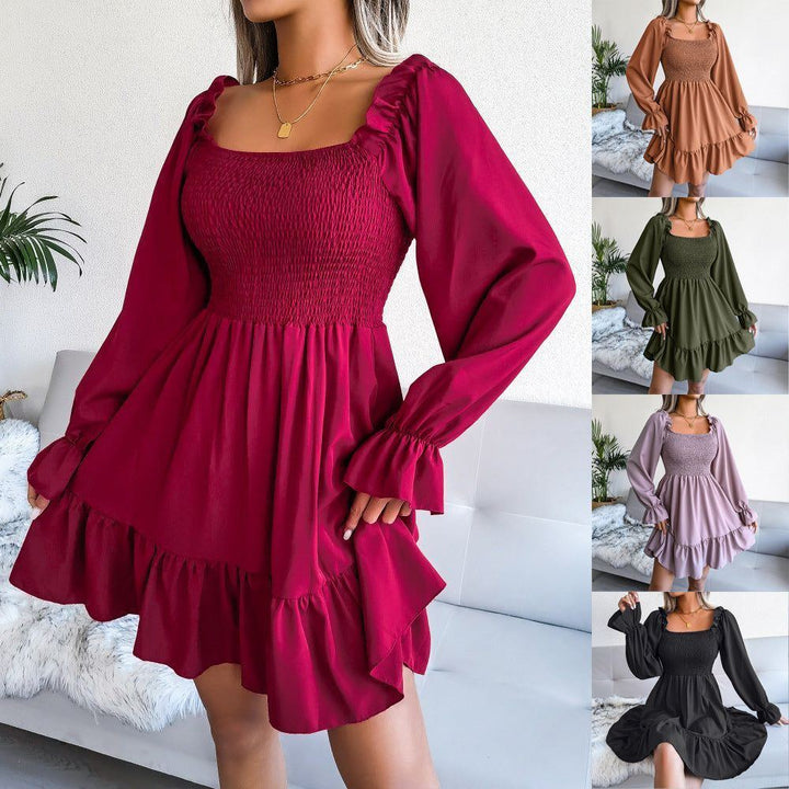 Flared Long Sleeve Dresses Women Square Neck Ruffled Swing Dress - Jointcorp