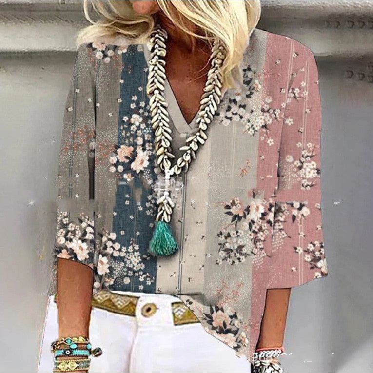 Ethnic Style V Neck Printed Women's Casual Shirt