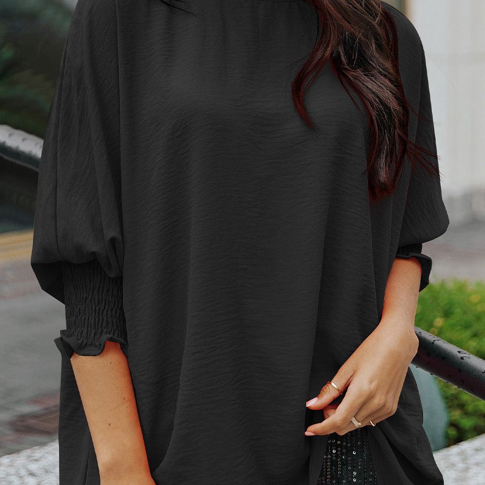 White Plain & Casual Shirred Cuffs Half Sleeve Top