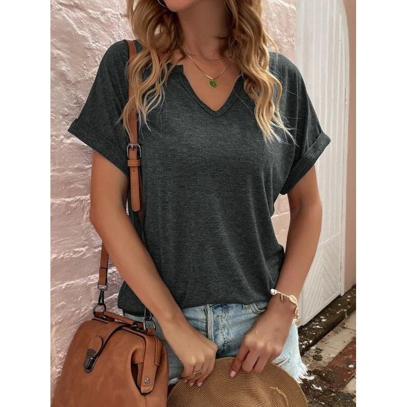 Women's New Solid Neckline Loose Short Sleeve T-shirt - Jointcorp