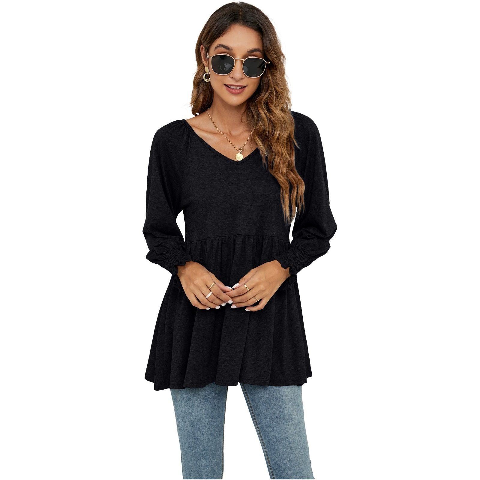 Women's New V-neck Puff Long-sleeved Tunic T-shirt - Jointcorp