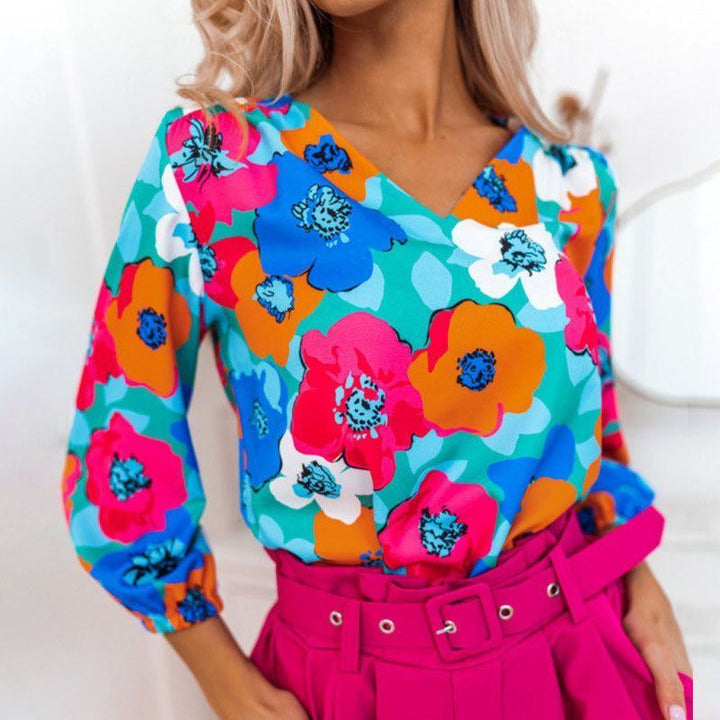 Women's V-neck Long-sleeved T-shirt Printed Top - Jointcorp