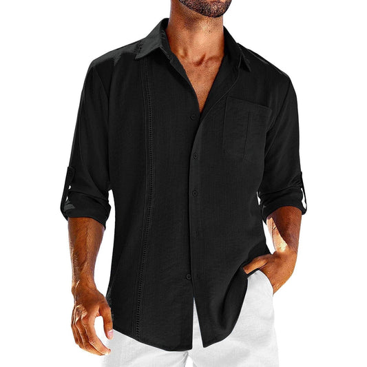 Casual Lace Polo Collar Solid Color Long Sleeve Button Men's Shirt - Jointcorp