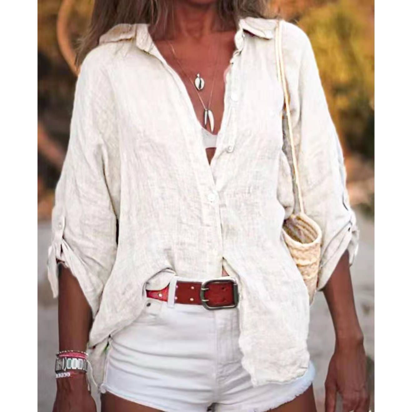 Cotton And Linen Solid Color Loose Type Sleeve Shirt - Jointcorp