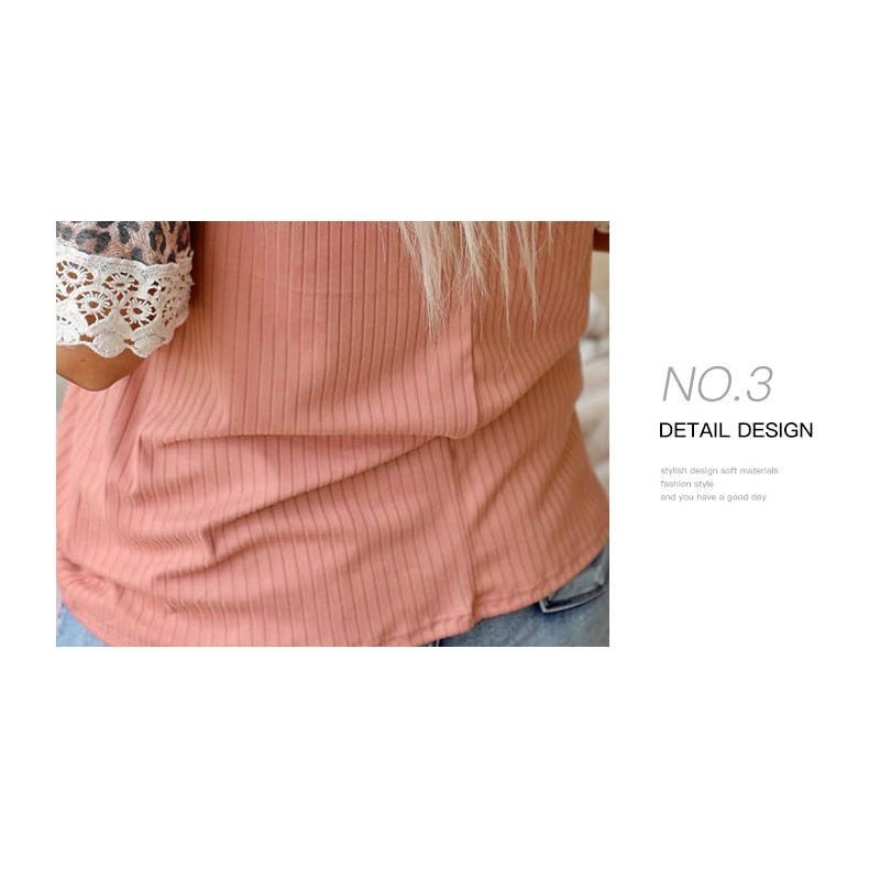 Round Neck Half Sleeve Loose Top Summer New Fashion Leopard Print Lace T-shirt