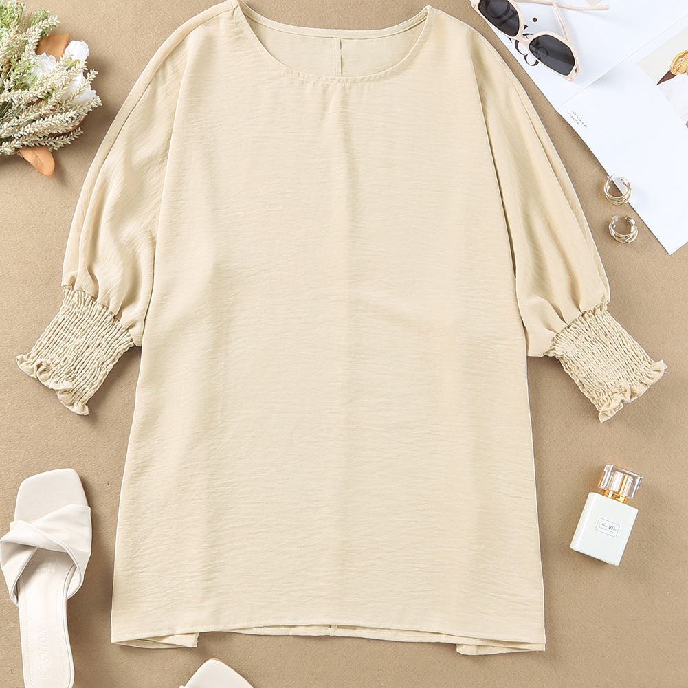 White Plain & Casual Shirred Cuffs Half Sleeve Top