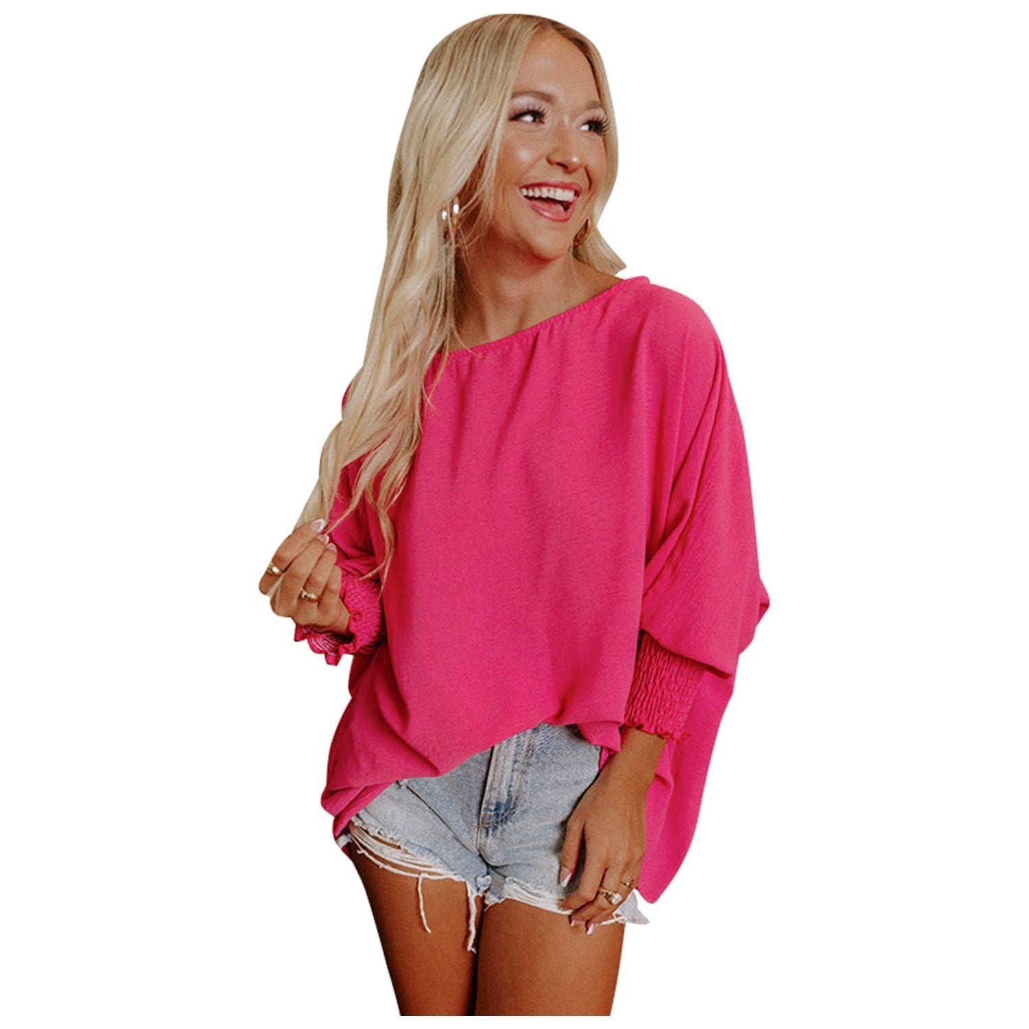 White Plain & Casual Shirred Cuffs Half Sleeve Top